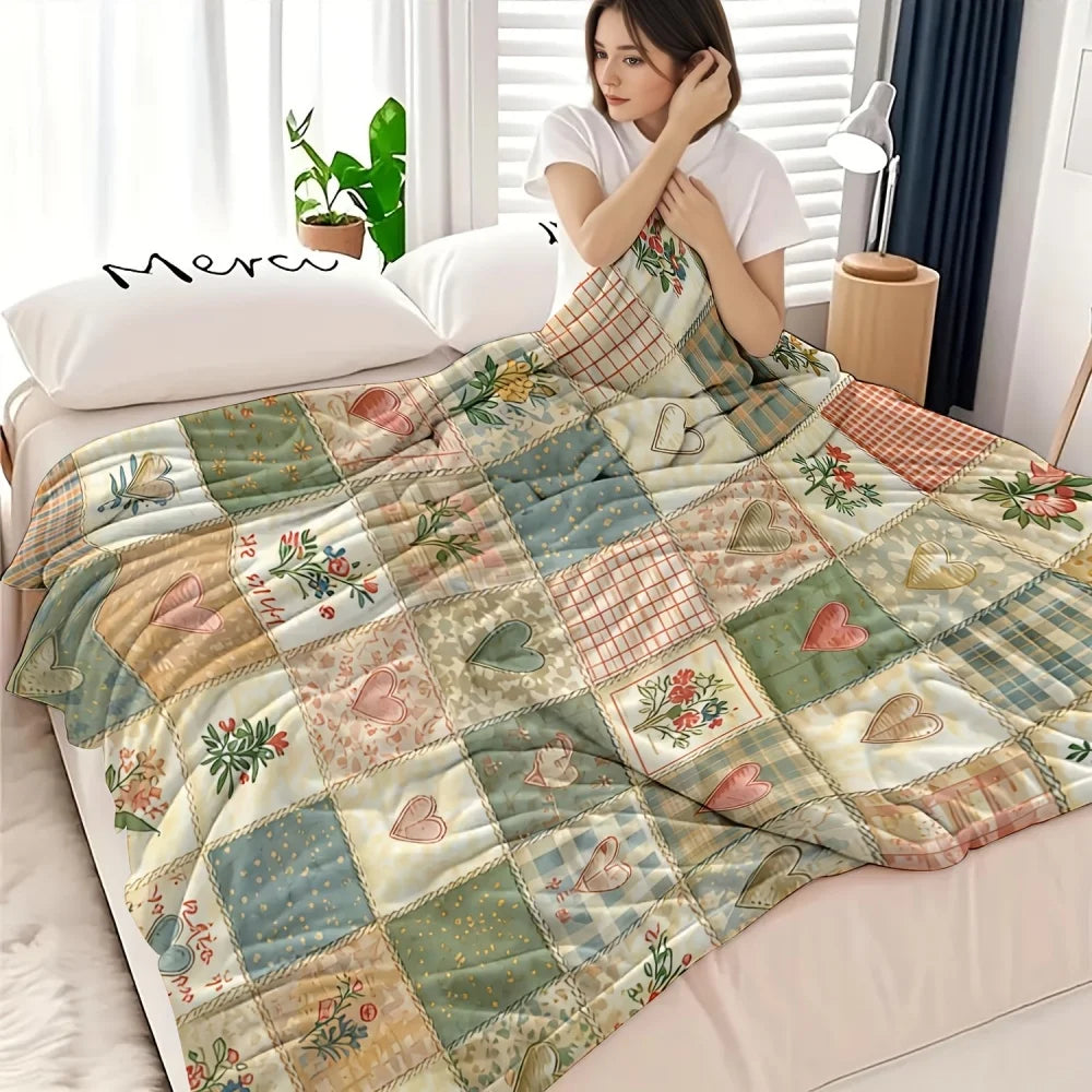 Vintage Patchwork Plaid Heart Floral Print Flannel Throw Blanket Country Cottage Farmhouse Multi‑Pattern Soft Lightweight Plush Blanket for Sofa Couch Bed Home Decor