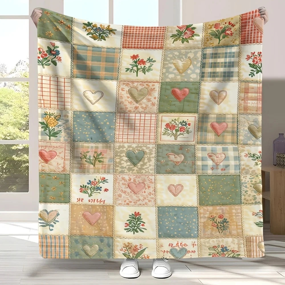 Vintage Patchwork Plaid Heart Floral Print Flannel Throw Blanket Country Cottage Farmhouse Multi‑Pattern Soft Lightweight Plush Blanket for Sofa Couch Bed Home Decor