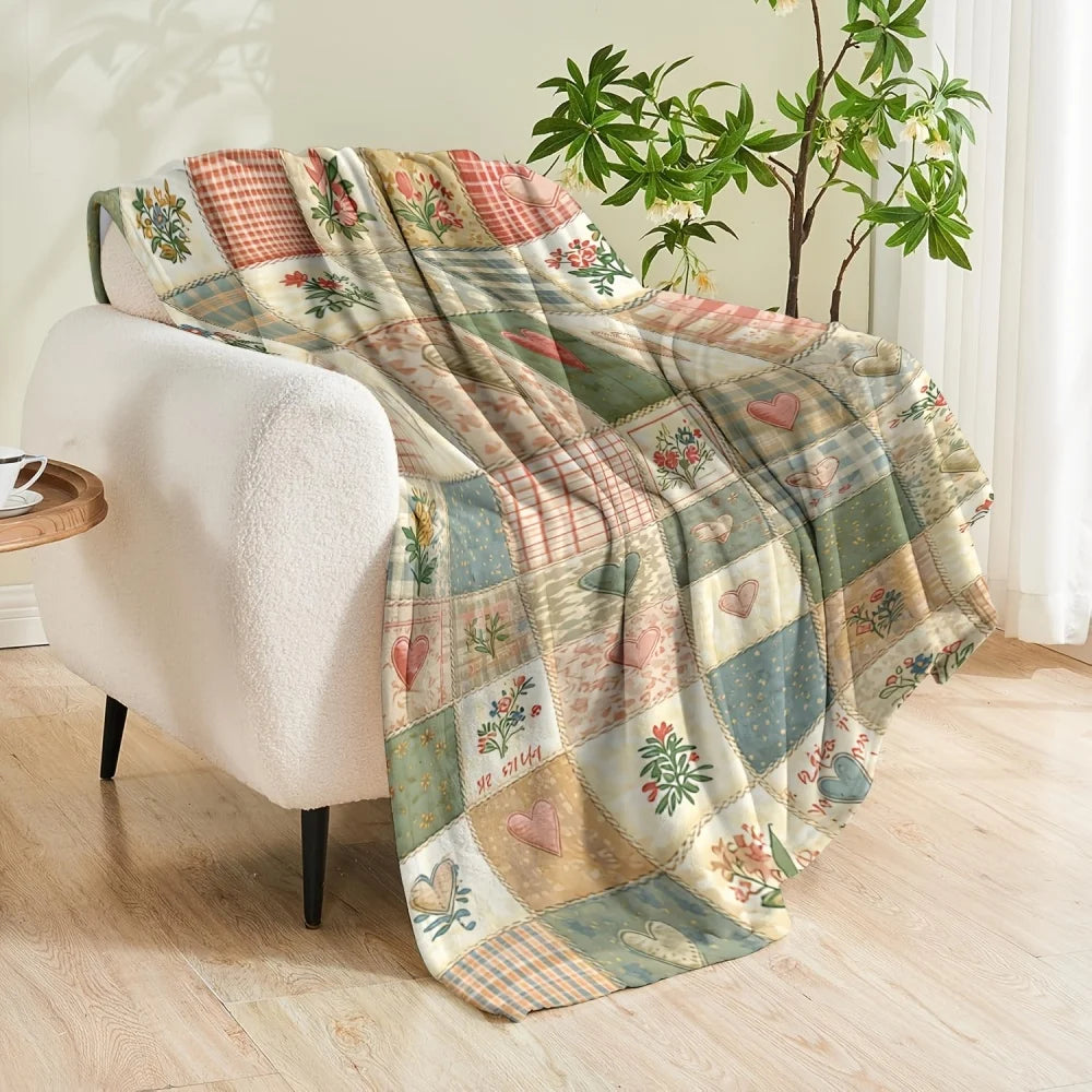 Vintage Patchwork Plaid Heart Floral Print Flannel Throw Blanket Country Cottage Farmhouse Multi‑Pattern Soft Lightweight Plush Blanket for Sofa Couch Bed Home Decor