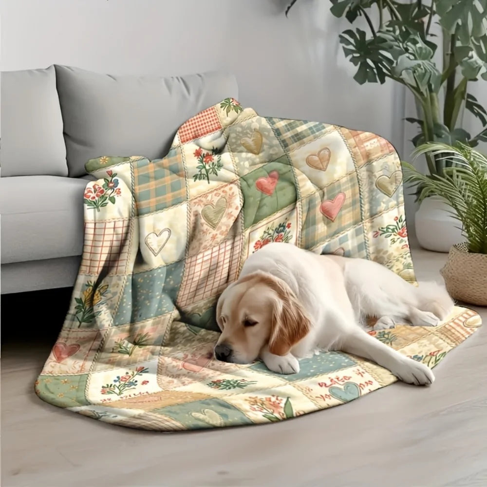 Vintage Patchwork Plaid Heart Floral Print Flannel Throw Blanket Country Cottage Farmhouse Multi‑Pattern Soft Lightweight Plush Blanket for Sofa Couch Bed Home Decor