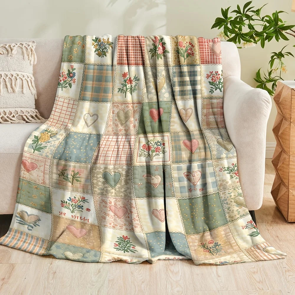 Vintage Patchwork Plaid Heart Floral Print Flannel Throw Blanket Country Cottage Farmhouse Multi‑Pattern Soft Lightweight Plush Blanket for Sofa Couch Bed Home Decor